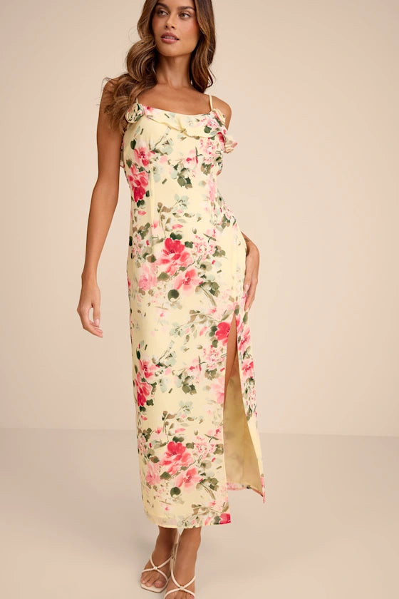 Charming Romantic Yellow Floral Print A-Line Silhouette Spaghetti Straps Sleeveless Ruffled Rosette Detail Fitted Bodice Midi High Slit Open Back Chiffon Prom Dress