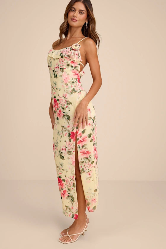 Charming Romantic Yellow Floral Print A-Line Silhouette Spaghetti Straps Sleeveless Ruffled Rosette Detail Fitted Bodice Midi High Slit Open Back Chiffon Prom Dress