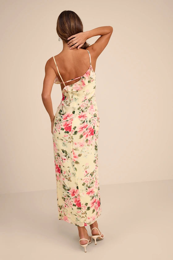 Charming Romantic Yellow Floral Print A-Line Silhouette Spaghetti Straps Sleeveless Ruffled Rosette Detail Fitted Bodice Midi High Slit Open Back Chiffon Prom Dress