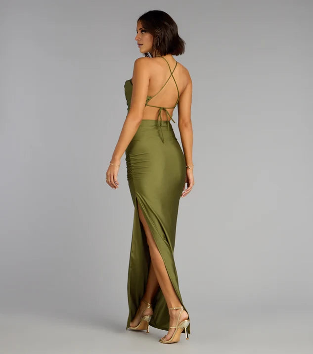 Charming Sheath Cowl Neck Sleeveless Criss-Cross Back Slit Floor-Length Evening Dress