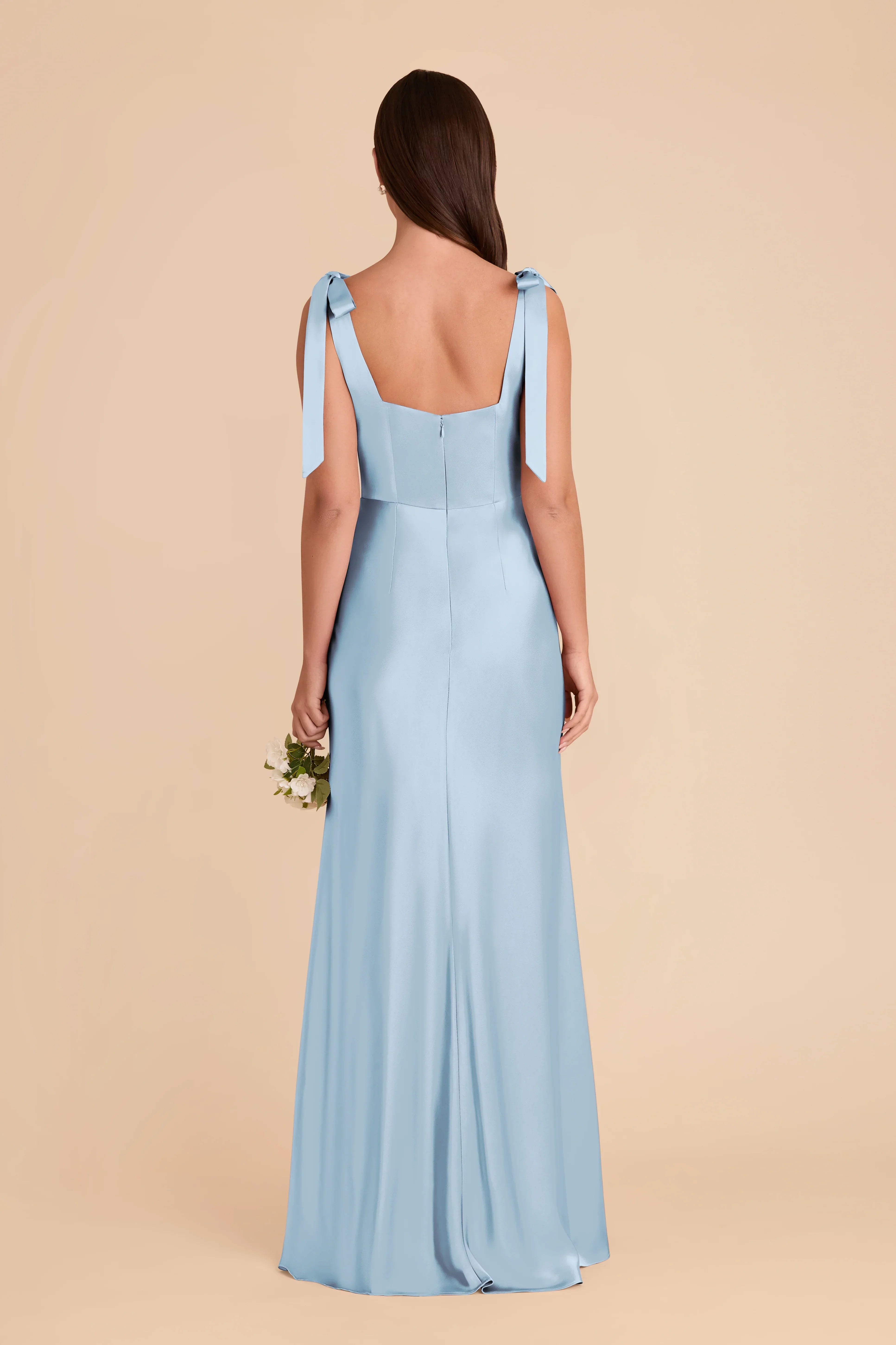 Charming Sky Blue Square Neck Satin Bow-Strap Floor-Length Bridesmaid Dress