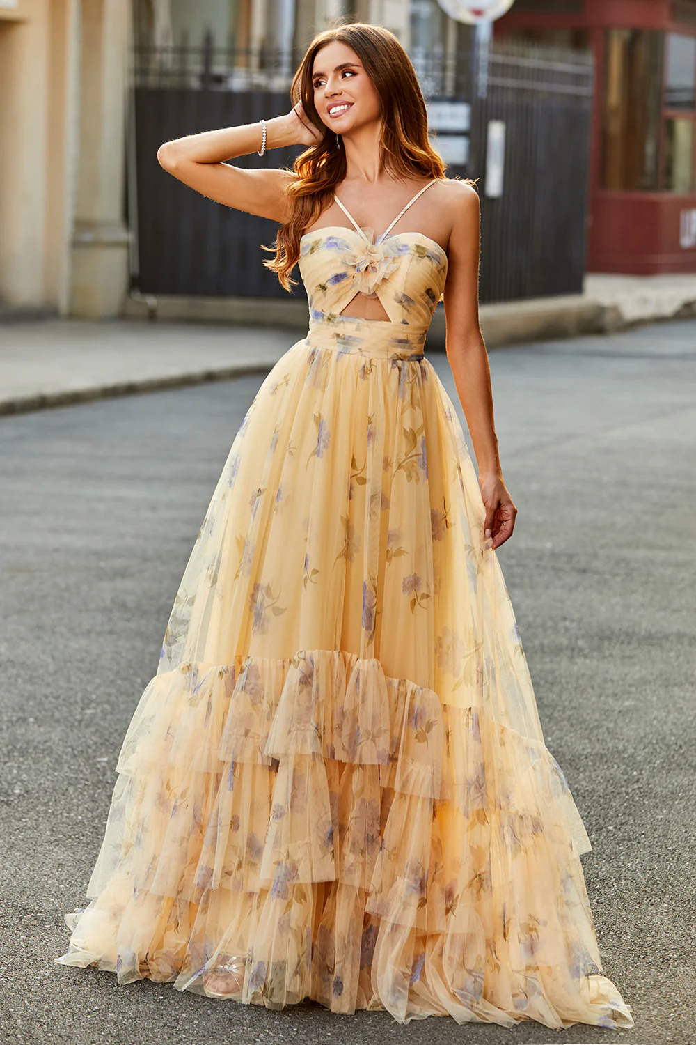 Charming Spaghetti Strap Floral Tulle Prom Dress with Cutout and Tiered Ruffle Skirt
