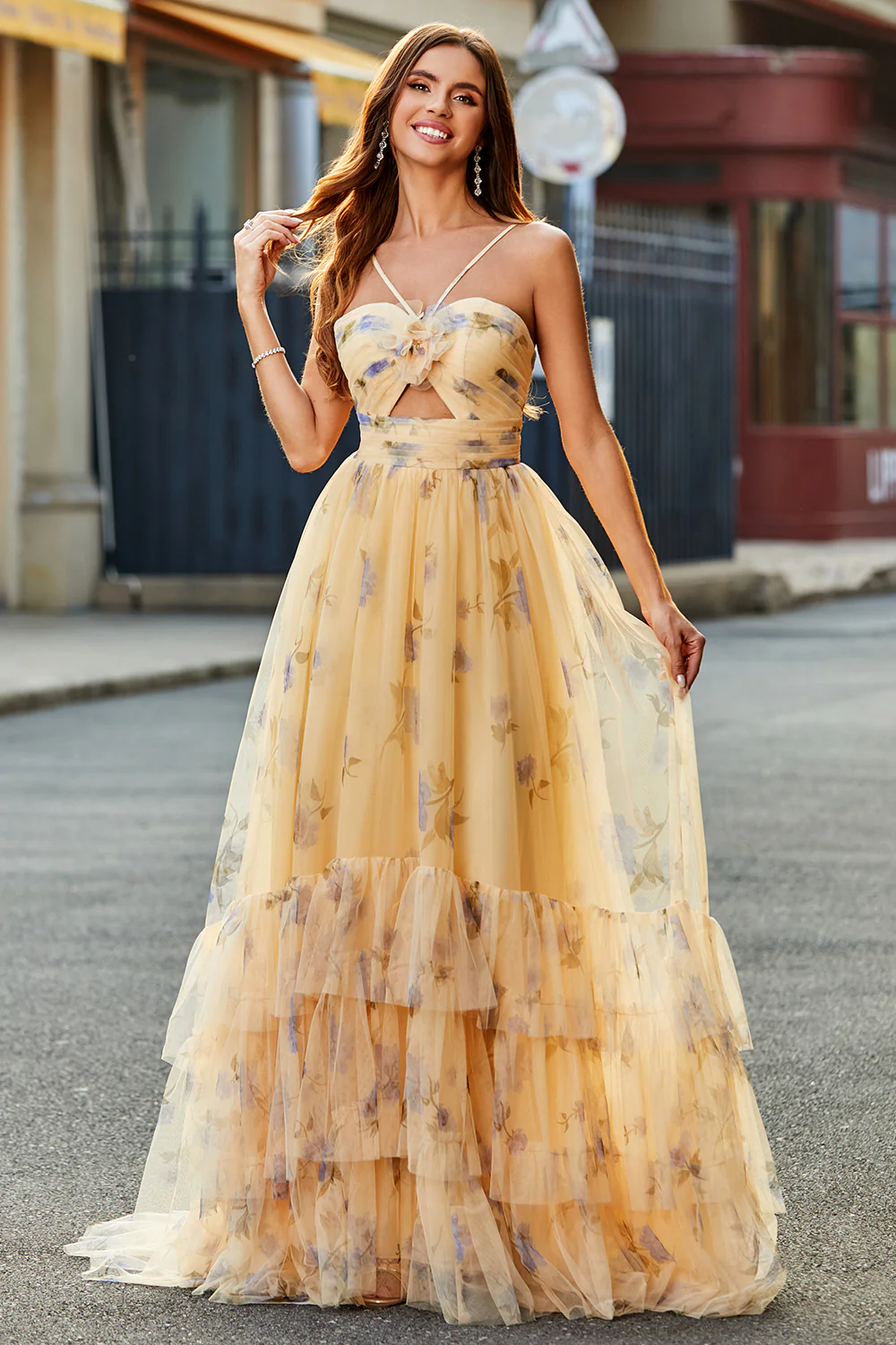 Charming Spaghetti Strap Floral Tulle Prom Dress with Cutout and Tiered Ruffle Skirt