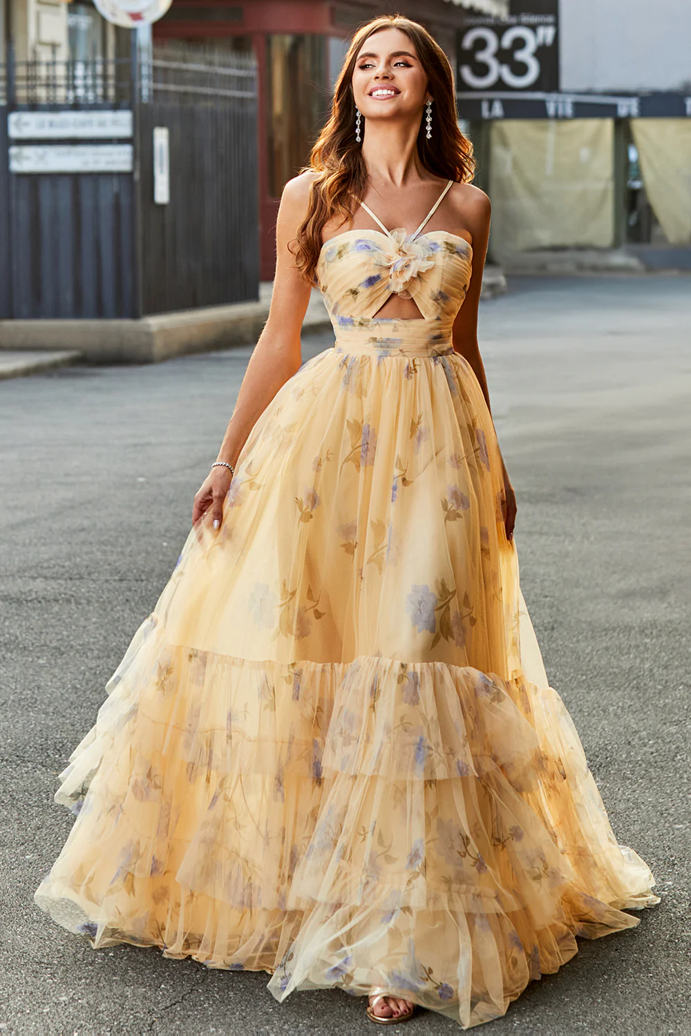 Charming Spaghetti Strap Floral Tulle Prom Dress with Cutout and Tiered Ruffle Skirt