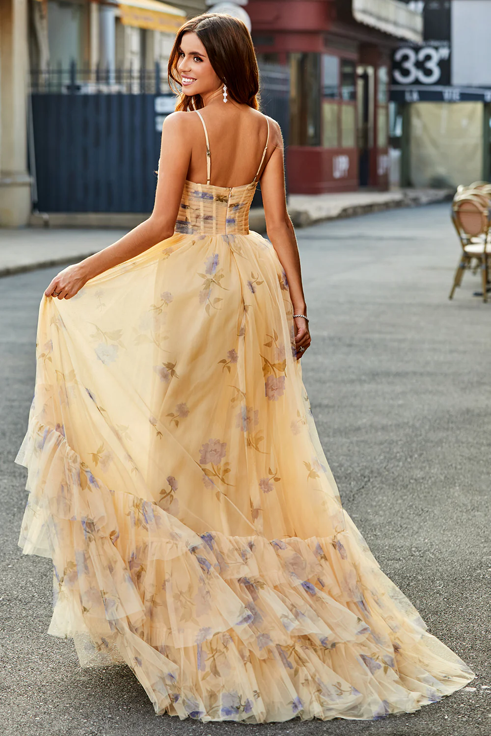 Charming Spaghetti Strap Floral Tulle Prom Dress with Cutout and Tiered Ruffle Skirt