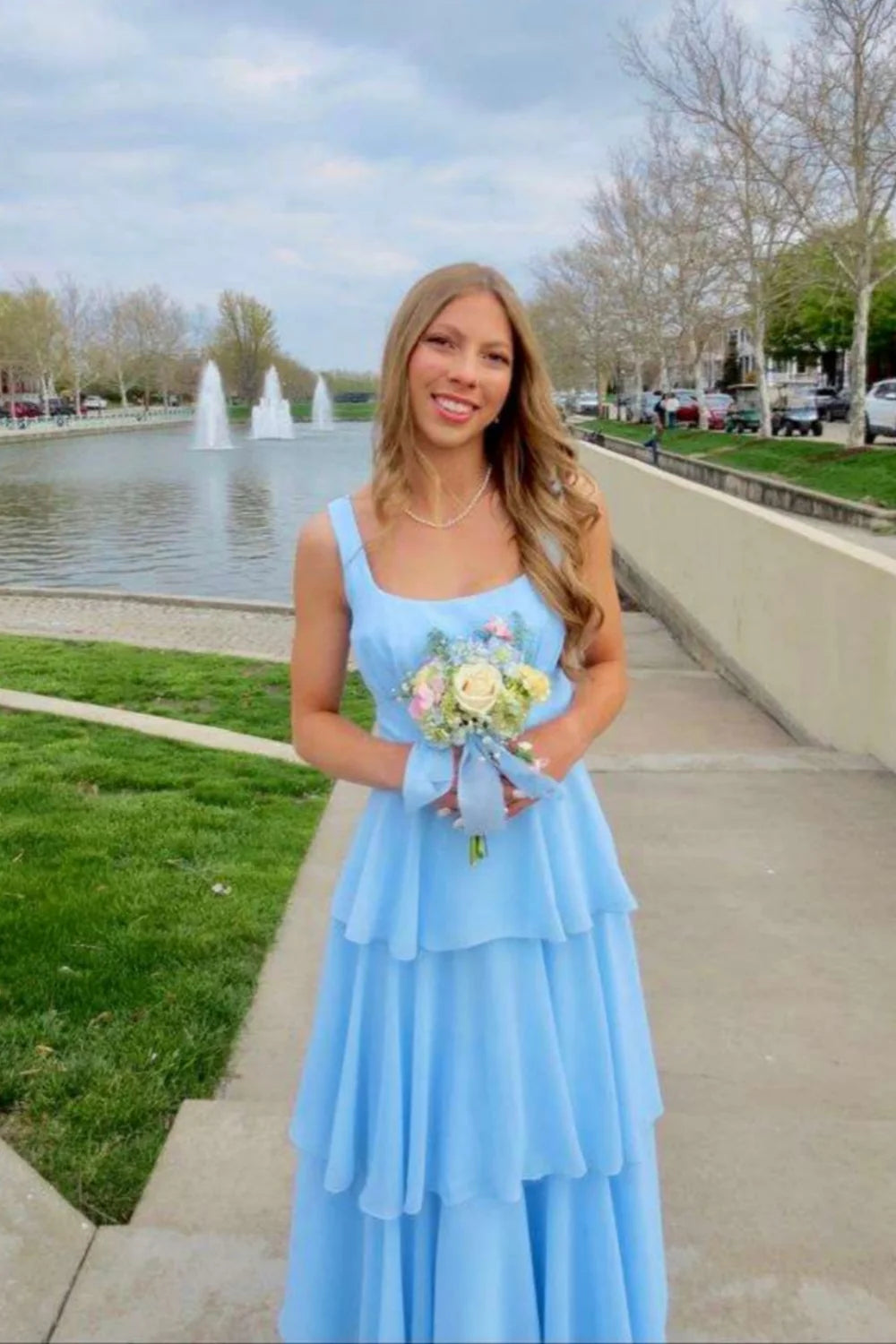 Charming Tiered A-Line Square Neck Sleeveless Open Back Floor-Length Prom Dresses