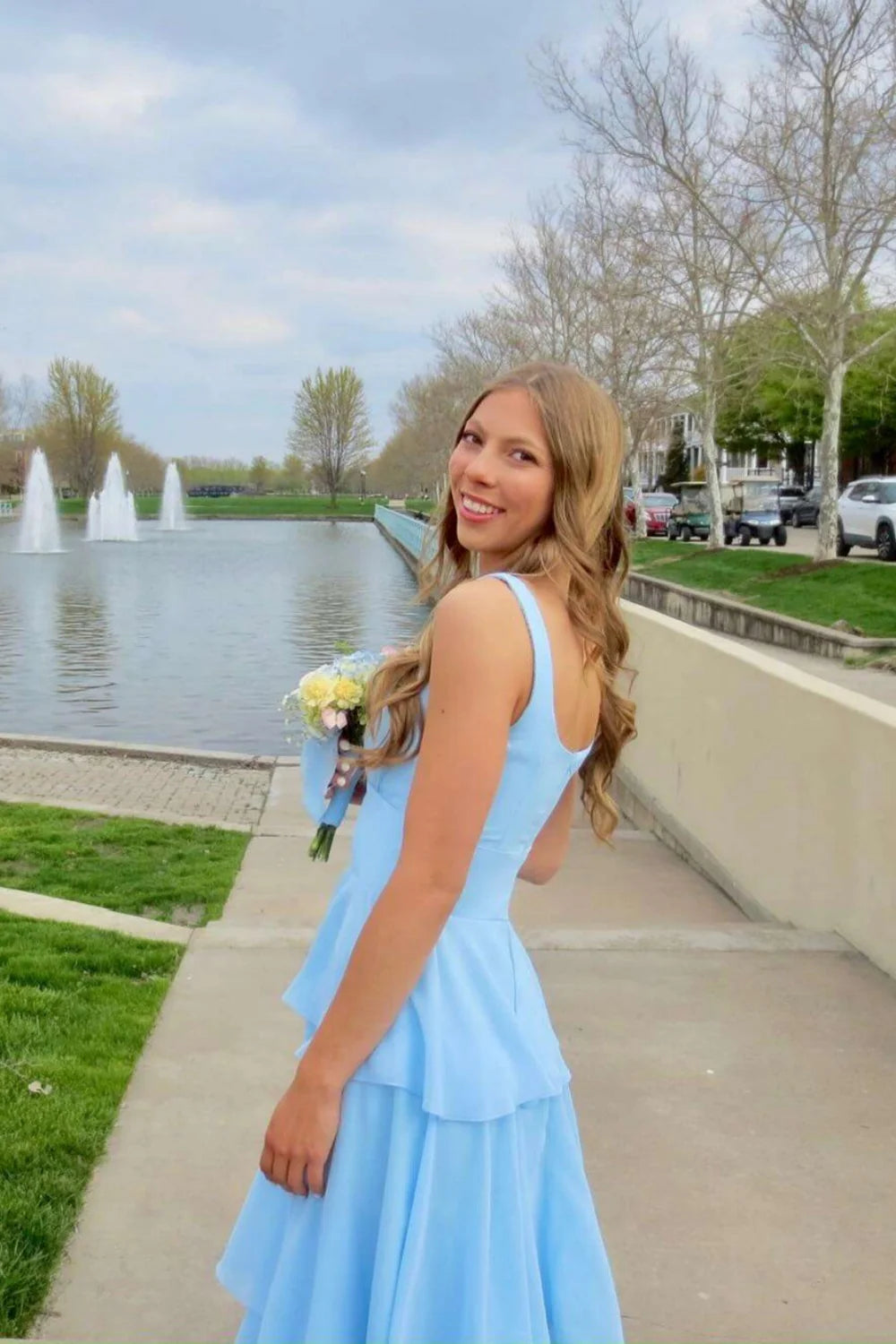 Charming Tiered A-Line Square Neck Sleeveless Open Back Floor-Length Prom Dresses