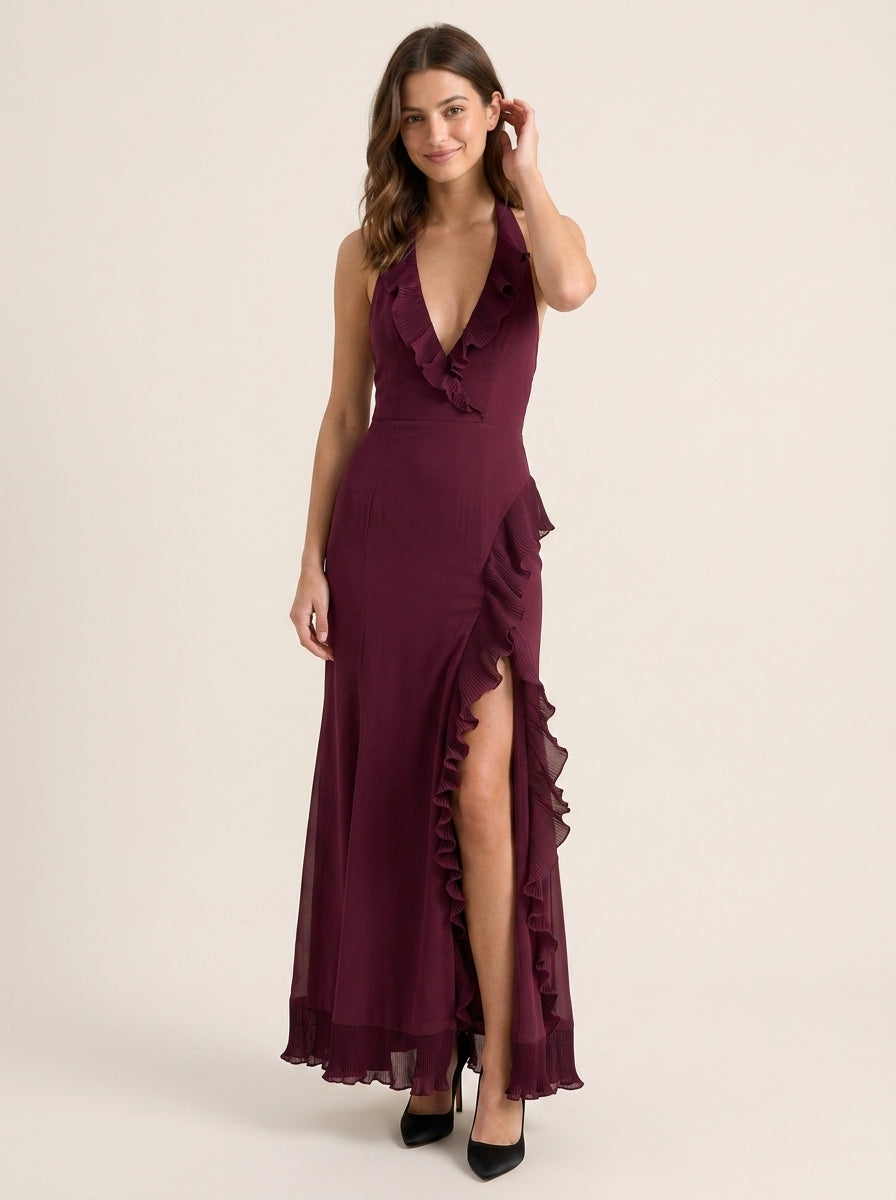Charming Chiffon A-Line Deep V-Neck Halter Sleeveless Open Back Floor-Length High Slit Evening Dresses