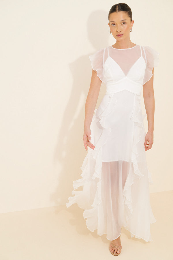 Charming Chiffon A-Line Sheer Round Neck Flutter Sleeves Keyhole Back High-Low Floor Length Evening Dresses