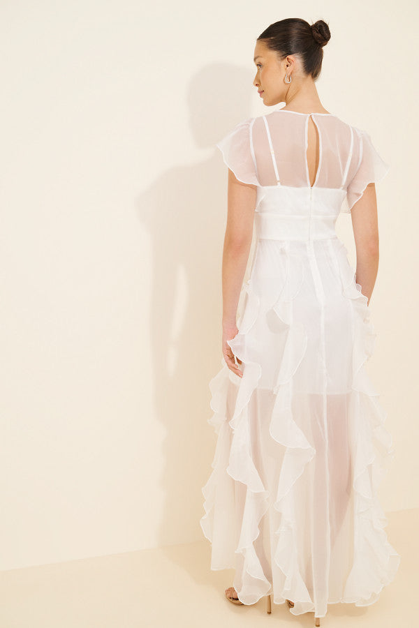 Charming Chiffon A-Line Sheer Round Neck Flutter Sleeves Keyhole Back High-Low Floor Length Evening Dresses