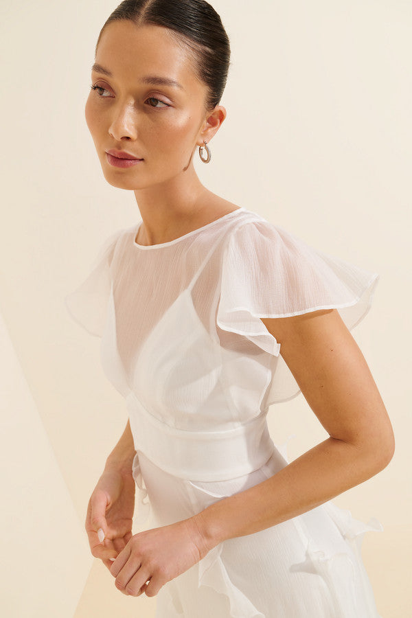 Charming Chiffon A-Line Sheer Round Neck Flutter Sleeves Keyhole Back High-Low Floor Length Evening Dresses