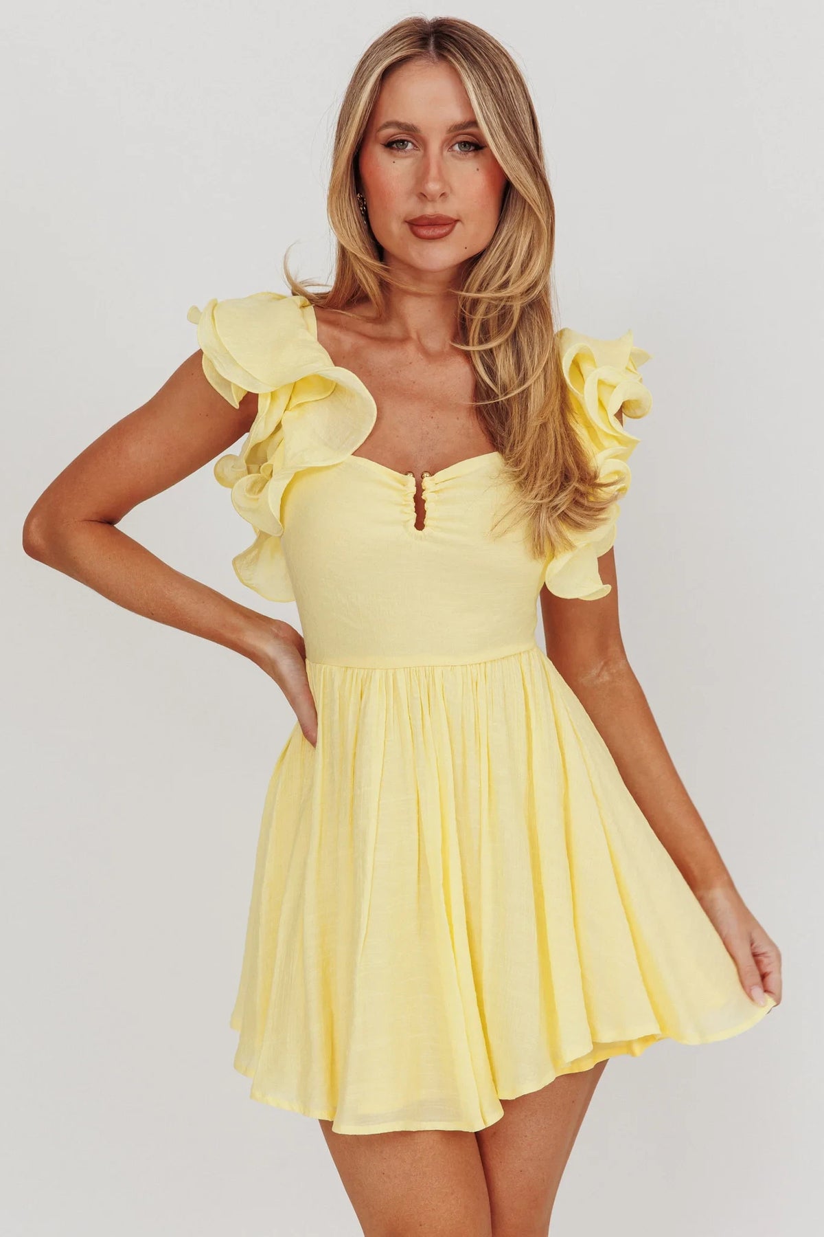 Yellow Chiffon A-Line Short Dress with Sweetheart Neckline & Ruffled Sleeves