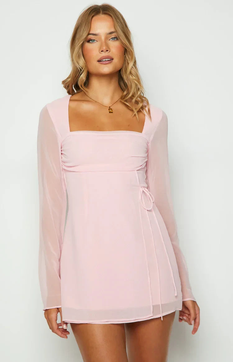 Charming Chiffon Sheath Square Neck Long Sleeve Zipper Back Mini Homecoming Dresses