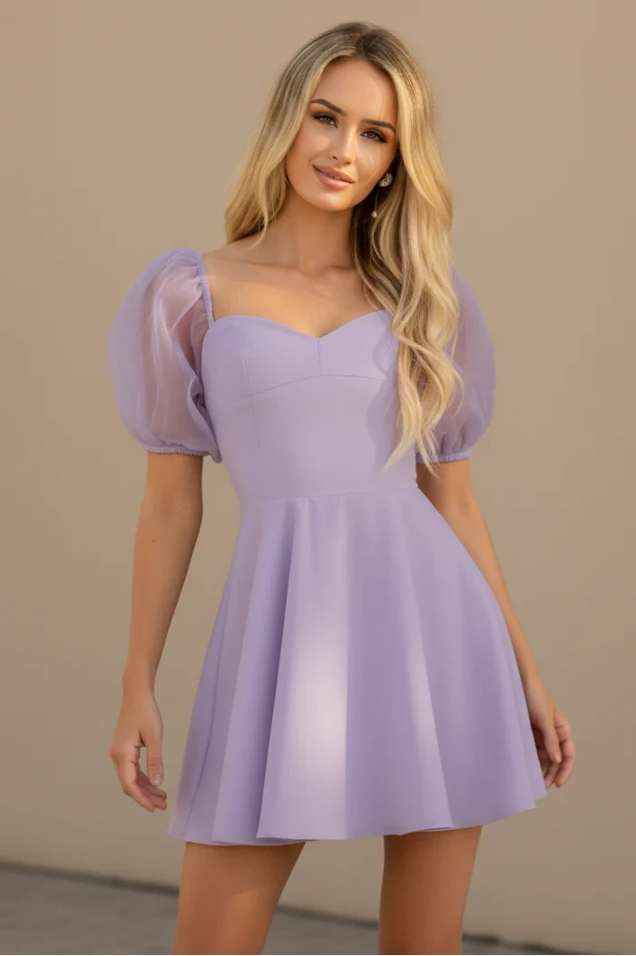 Charming Satin A-Line Sweetheart Off-Shoulder Puff Sleeves Zipper Back Mini Homecoming Dresses