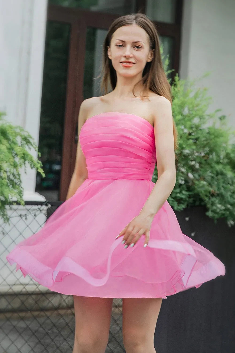 Charming Tulle A-Line Strapless Sleeveless Ruched Back Short Homecoming Dresses