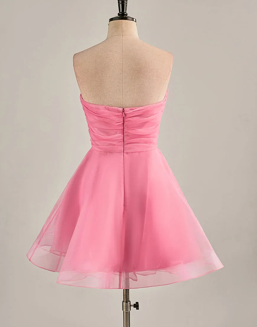 Charming Tulle A-Line Strapless Sleeveless Ruched Back Short Homecoming Dresses