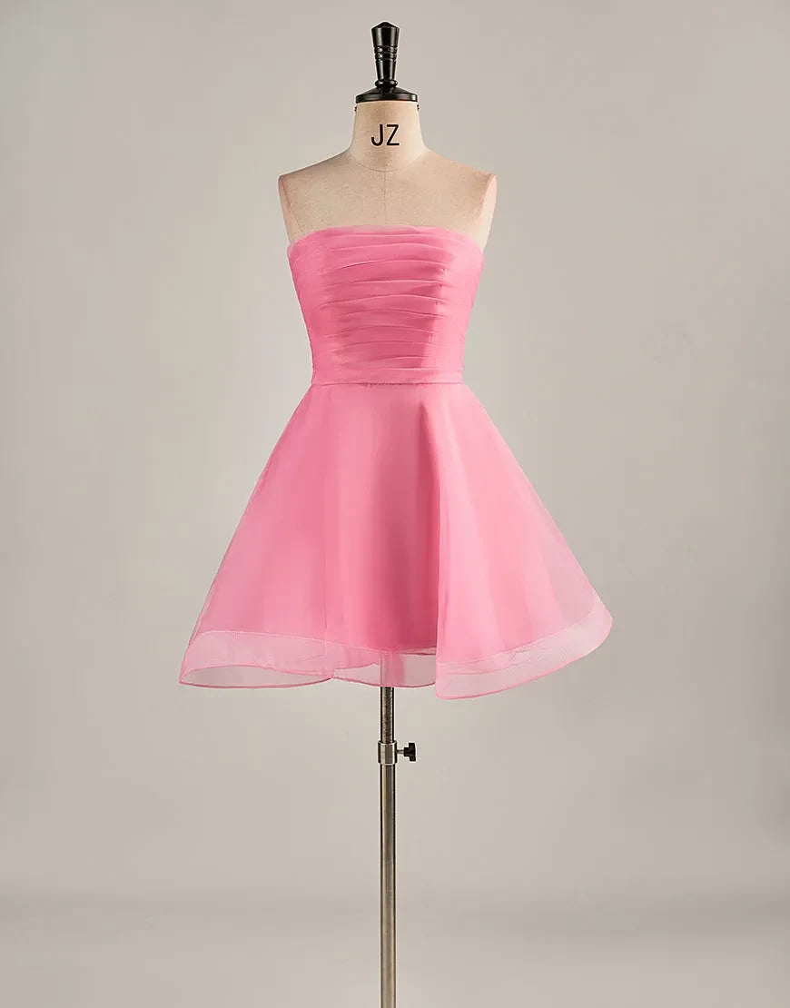 Charming Tulle A-Line Strapless Sleeveless Ruched Back Short Homecoming Dresses