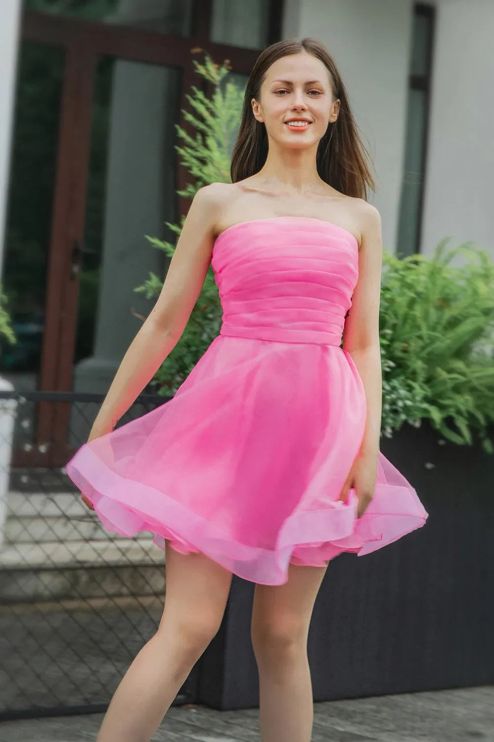 Charming Tulle A-Line Strapless Sleeveless Ruched Back Short Homecoming Dresses
