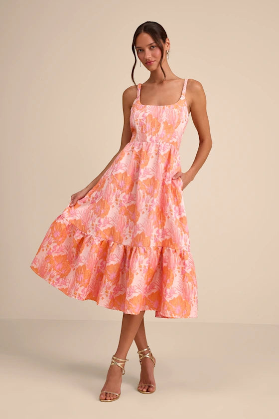 Cheerful Bright Tropical Floral Print A-Line Silhouette Square Neck Spaghetti Straps Sleeveless Tiered Ruffled Midi Open Back Lace-Up Prom Dress