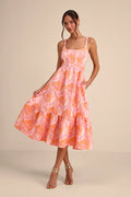 Pink Crepe A-Line Tea-Length Dress with Square Neck & Tiered Floral Skirt