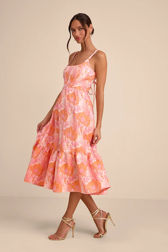Cheerful Bright Tropical Floral Print A-Line Silhouette Square Neck Spaghetti Straps Sleeveless Tiered Ruffled Midi Open Back Lace-Up Prom Dress