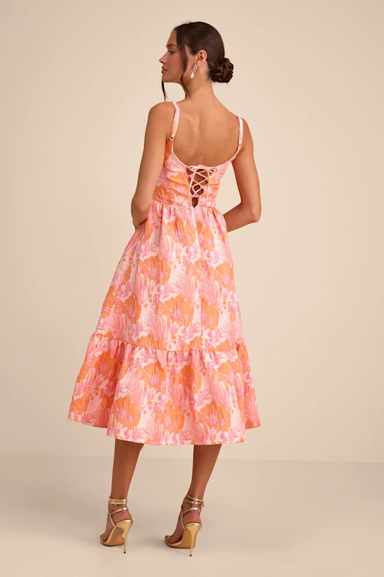 Cheerful Bright Tropical Floral Print A-Line Silhouette Square Neck Spaghetti Straps Sleeveless Tiered Ruffled Midi Open Back Lace-Up Prom Dress