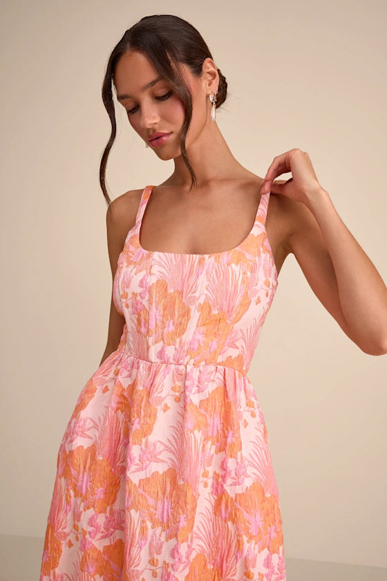 Cheerful Bright Tropical Floral Print A-Line Silhouette Square Neck Spaghetti Straps Sleeveless Tiered Ruffled Midi Open Back Lace-Up Prom Dress
