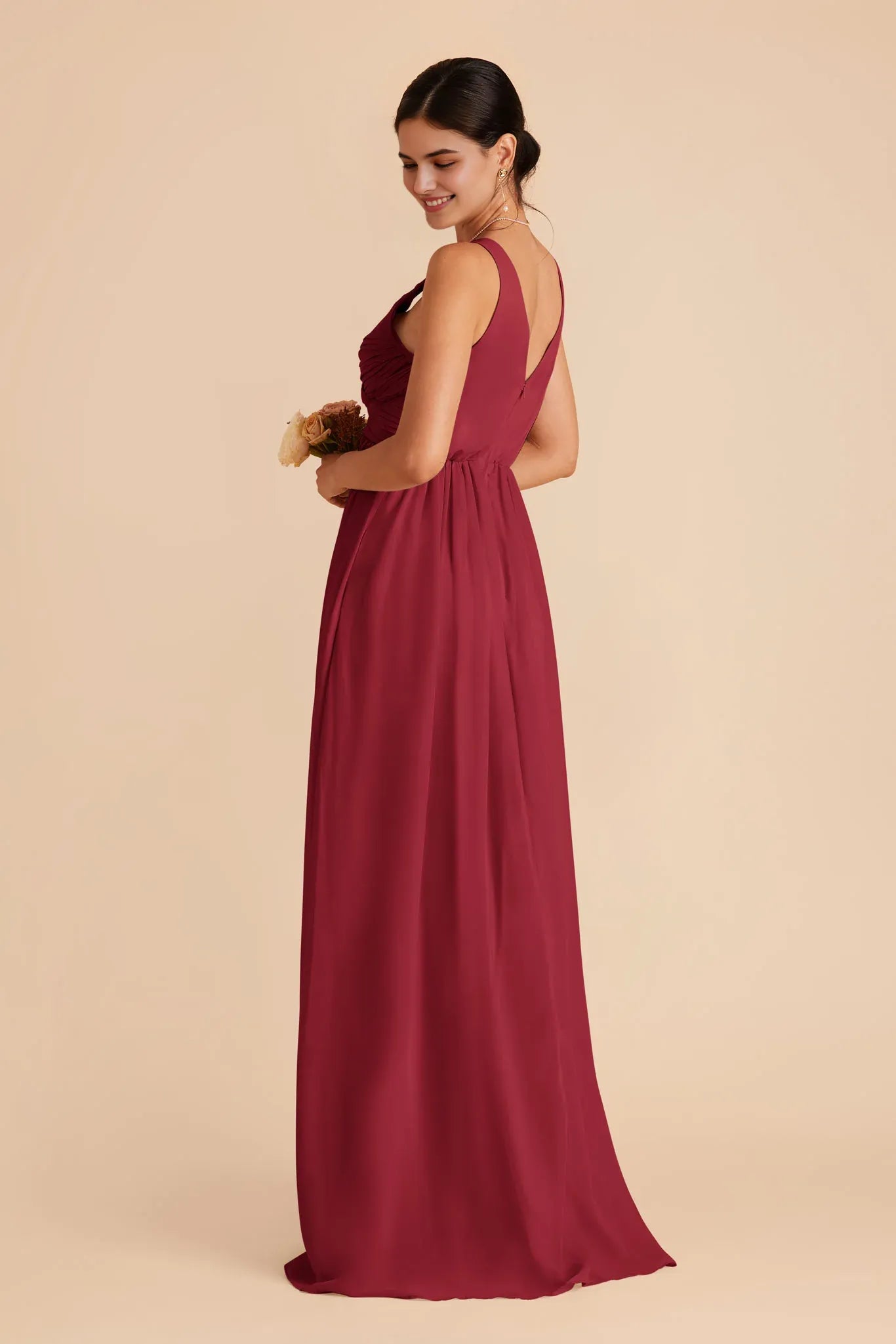 Chic A-Line Chiffon Deep V Sleeveless Open Back Floor Length Bridesmaid Dress