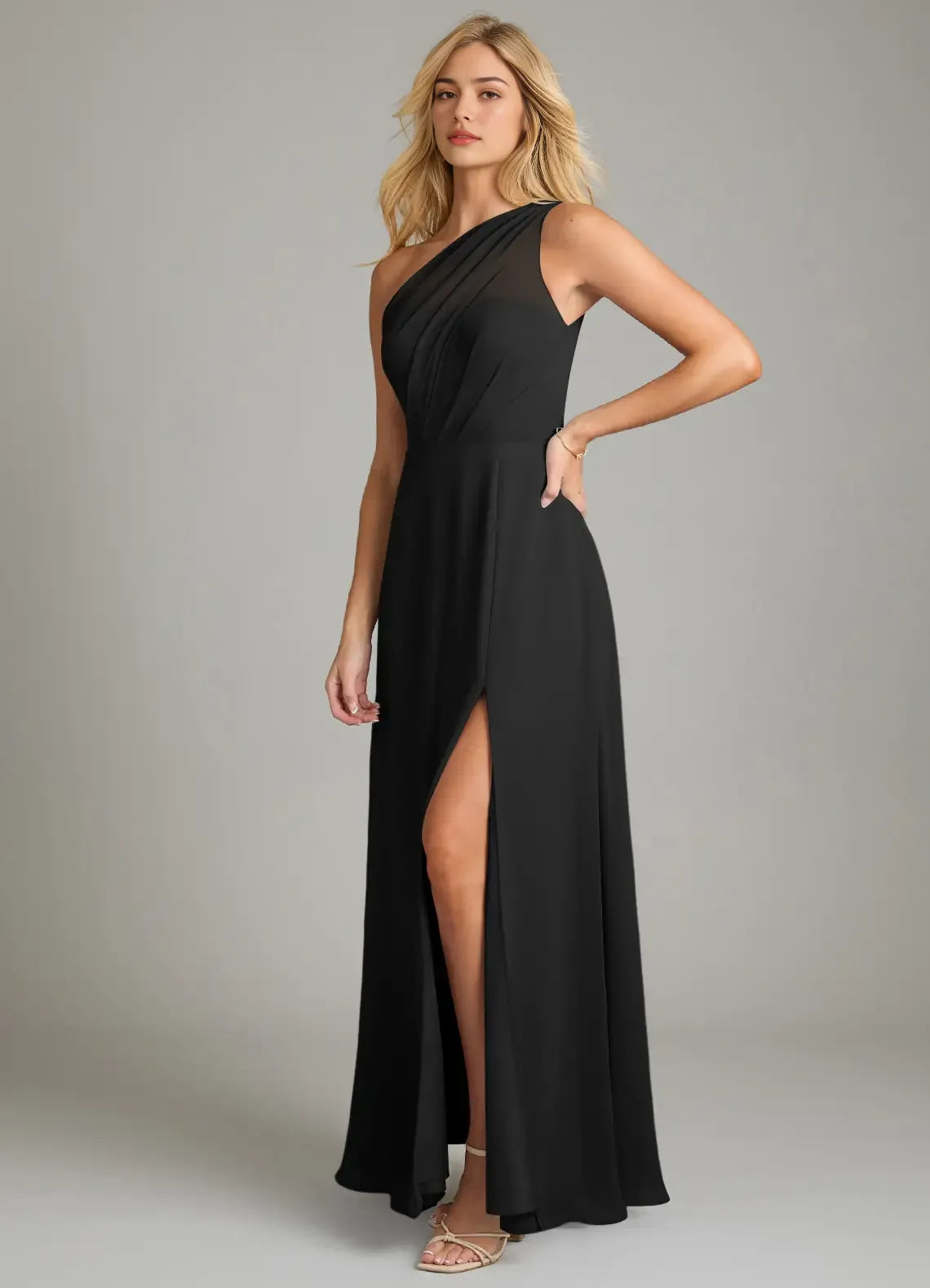 Black Chiffon One Shoulder A-Line Floor-Length Dress for Bridesmaids & Formal Events