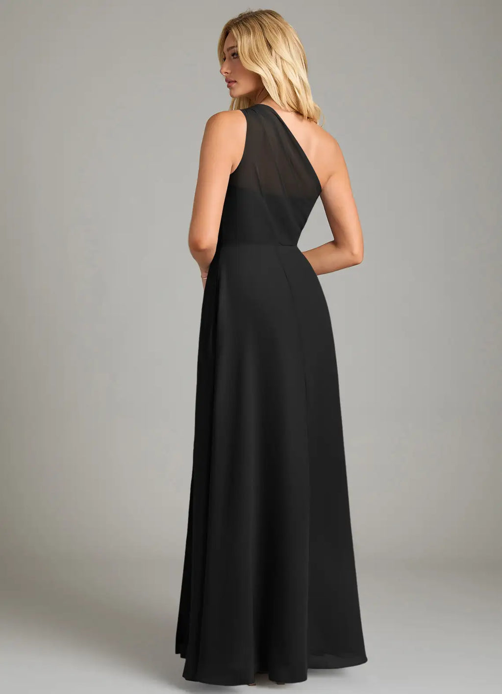 Black Chiffon One Shoulder A-Line Floor-Length Dress for Bridesmaids & Formal Events