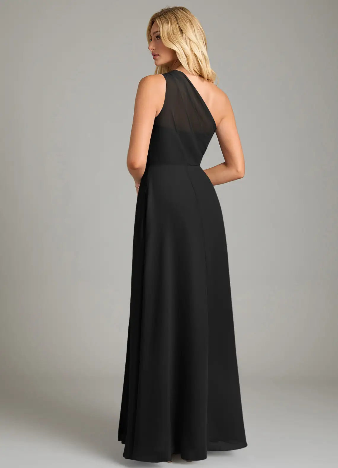 Black Chiffon One Shoulder A-Line Floor-Length Dress for Bridesmaids & Formal Events