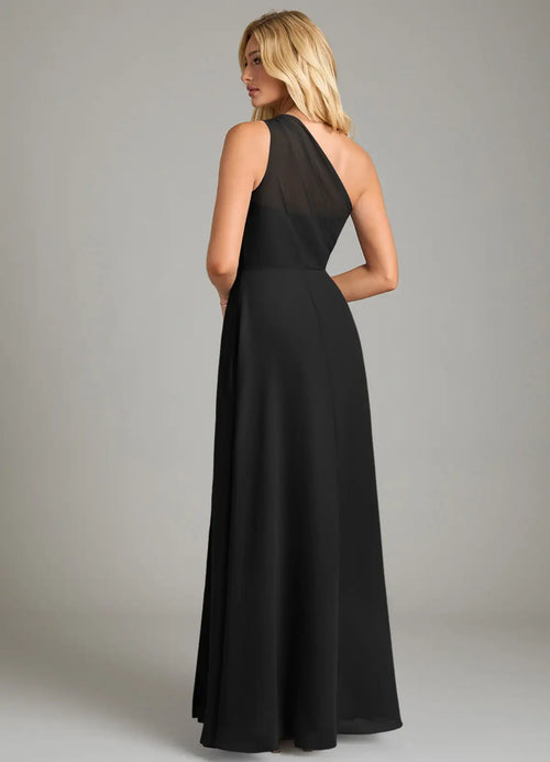 Black Chiffon One Shoulder A-Line Floor-Length Dress for Bridesmaids & Formal Events