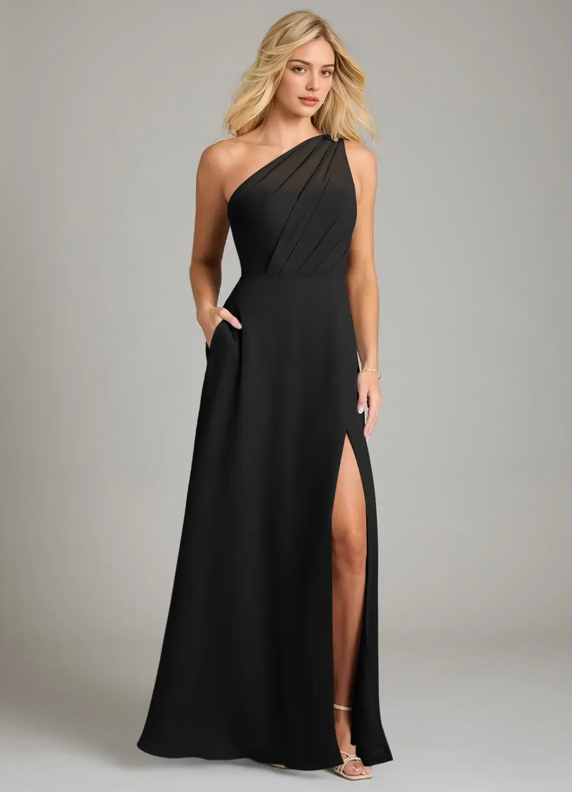 Black Chiffon One Shoulder A-Line Floor-Length Dress for Bridesmaids & Formal Events