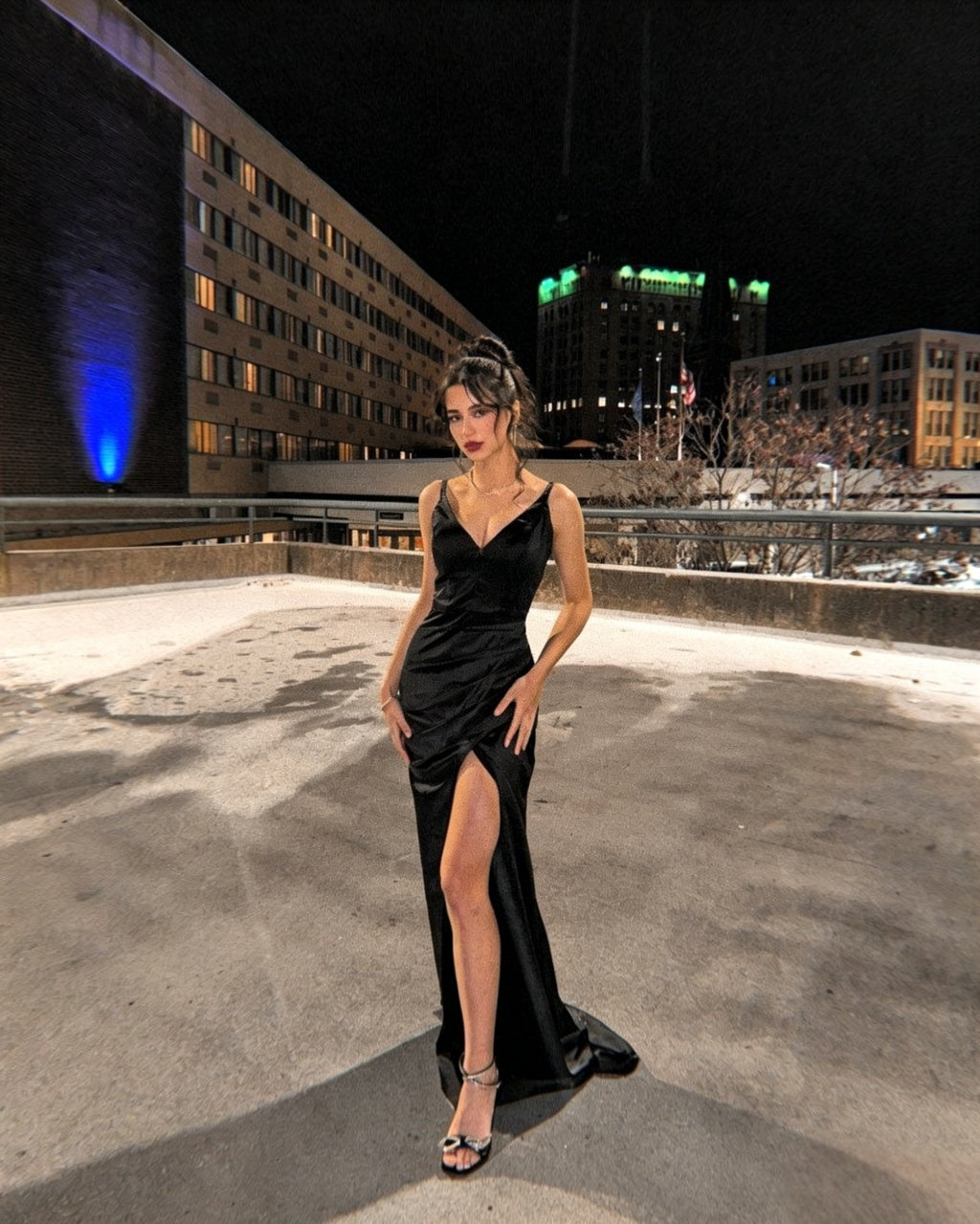 Chic Black Satin Spaghetti Strap V-Neck High Slit Floor-Length Evening Dresses