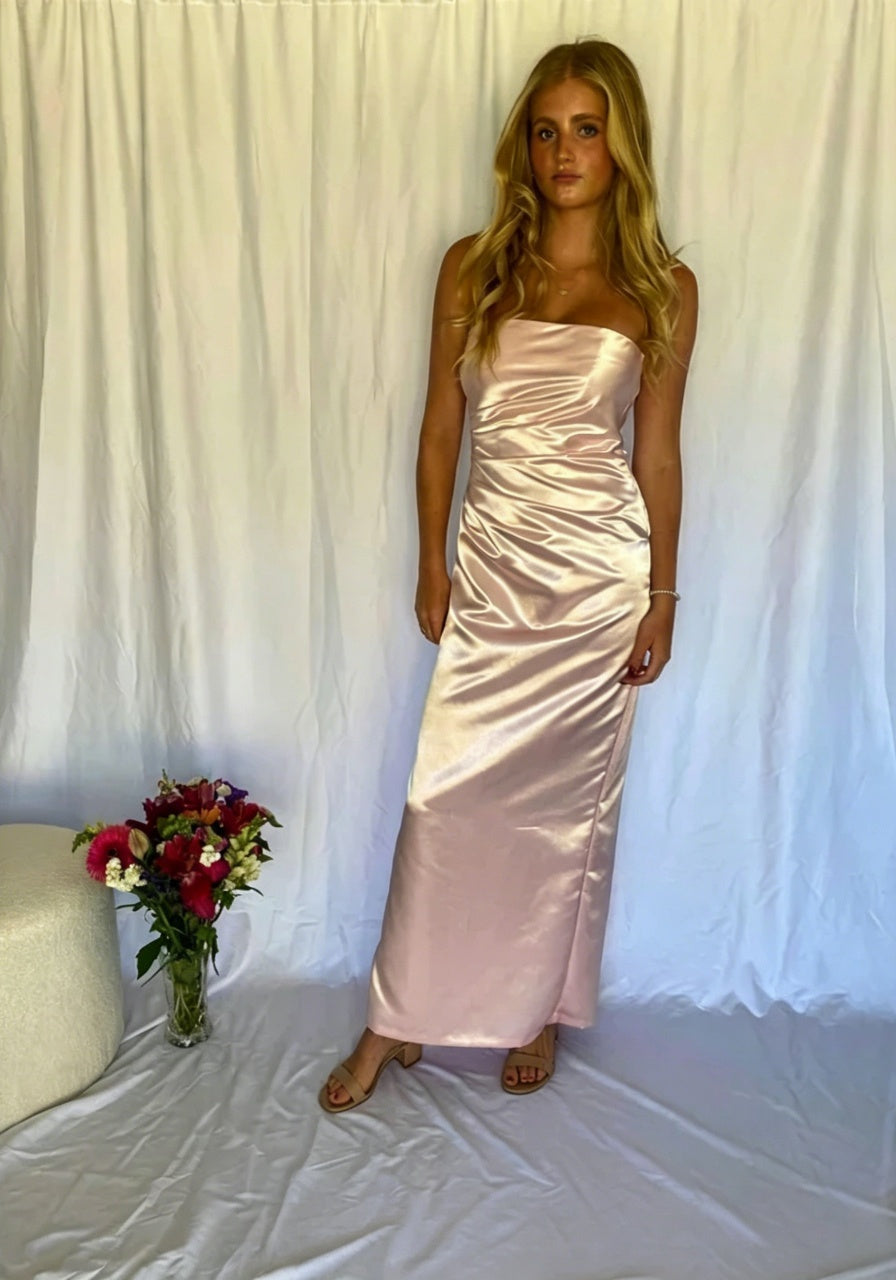 Chic Blush Pink Satin Strapless Ruched High Slit Floor-Length Evening Dresses