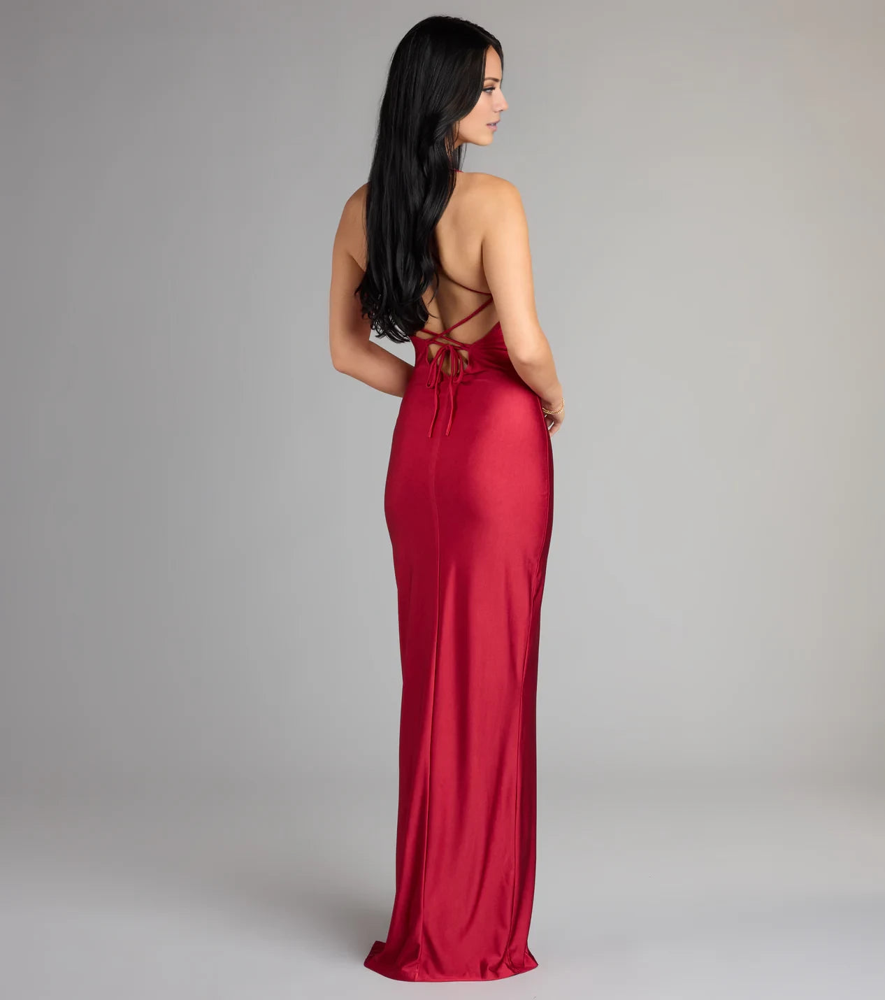 Chic Cowl Neck Sleeveless Spaghetti Strap CrissCross Back Slit Satin Floor-Length Evening Dress