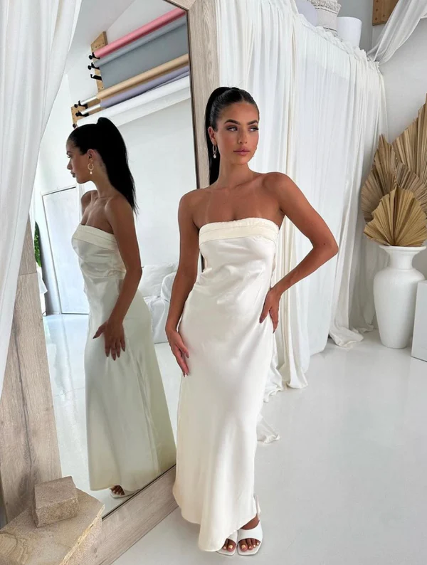 Chic Cream Satin Midi Strapless Tube Open Cowl Back Evening Dresses