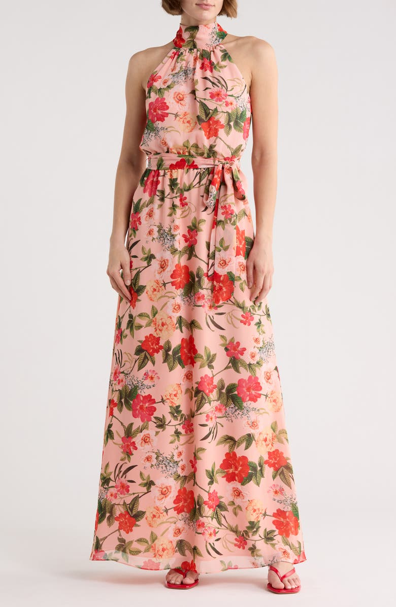 Chic Floral Chiffon A-Line Halter Neck Sleeveless Tie-Back Maxi Prom Dresses