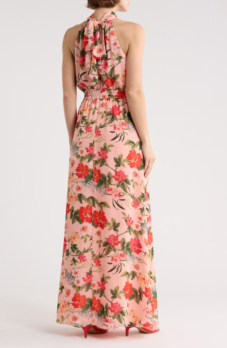 Chic Floral Chiffon A-Line Halter Neck Sleeveless Tie-Back Maxi Prom Dresses