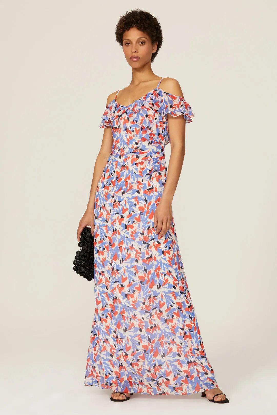 Chic Floral Print ALine Cold Shoulder VNeck Ruffle Sleeve Back Zip Maxi Prom Dress