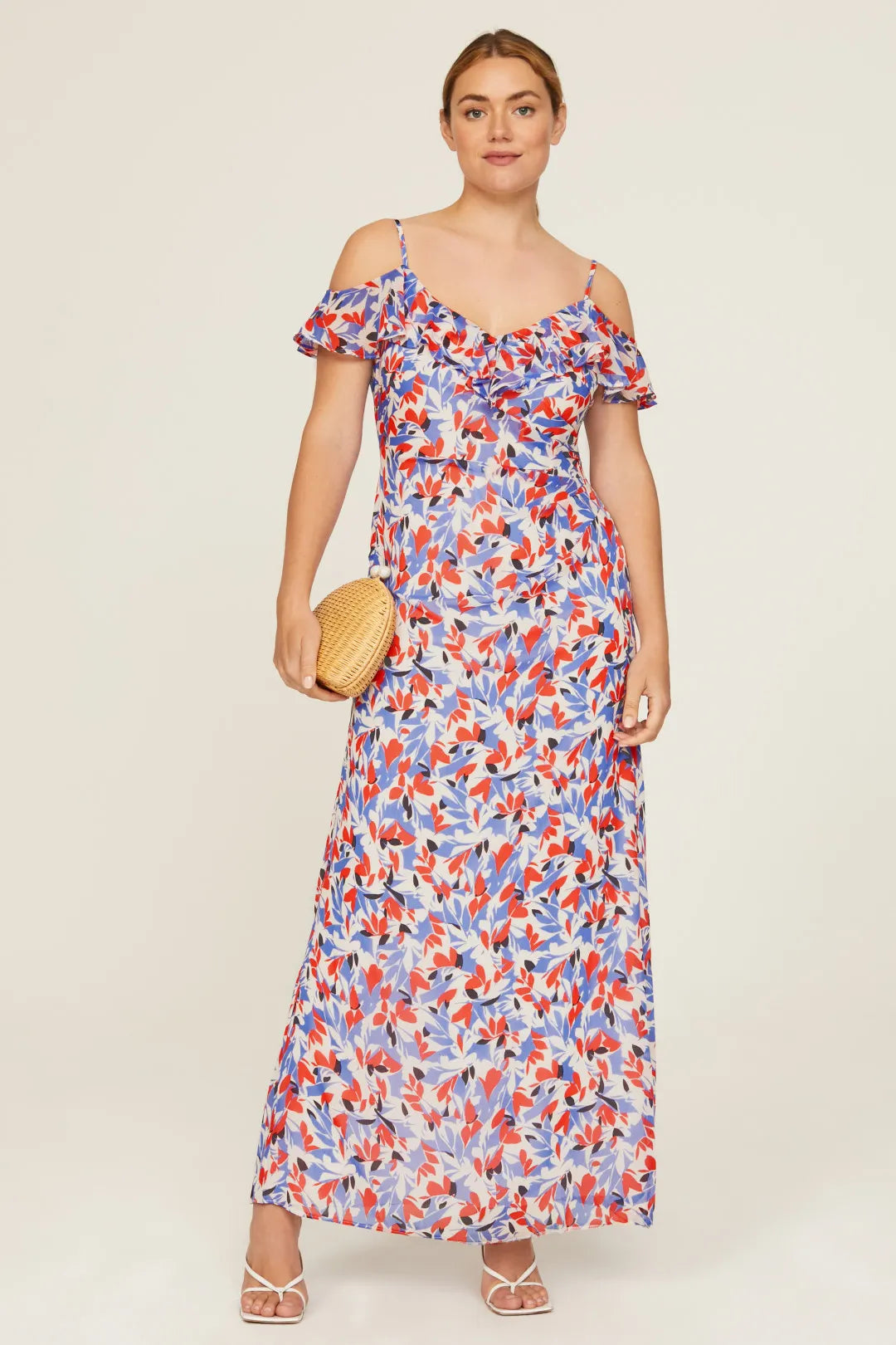 Chic Floral Print ALine Cold Shoulder VNeck Ruffle Sleeve Back Zip Maxi Prom Dress