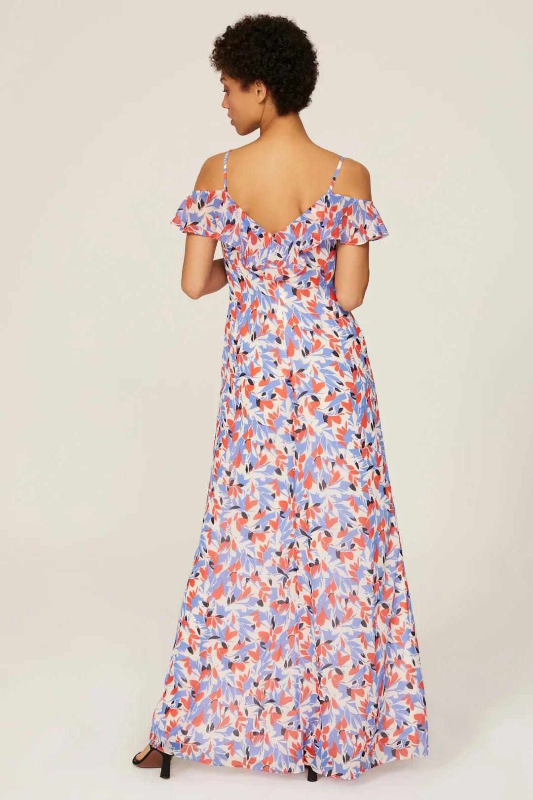 Chic Floral Print ALine Cold Shoulder VNeck Ruffle Sleeve Back Zip Maxi Prom Dress