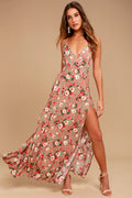 Dusty Rose Floral Print A-Line V-Neck Floor-Length Chiffon Dress