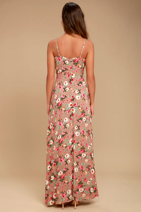Chic Floral Print Chiffon Maxi V-Neck Spaghetti Strap Open Back High-Slit Formal Evening Prom Dresses