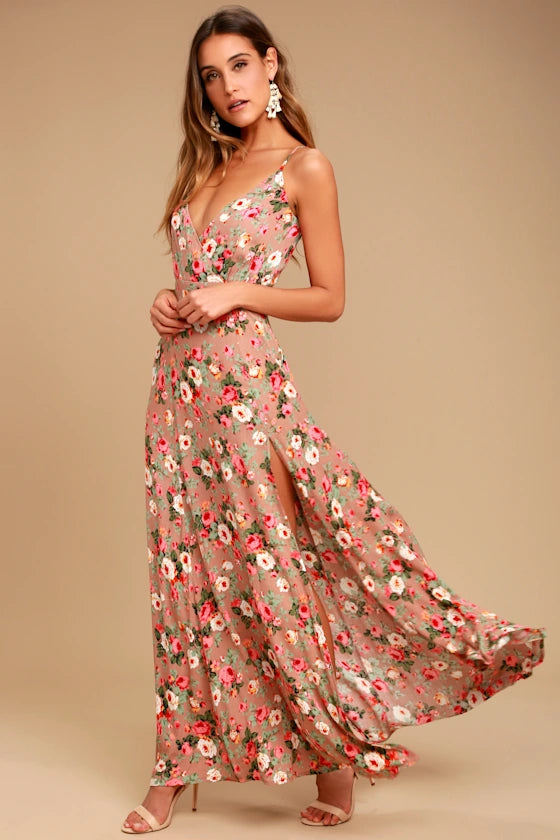 Chic Floral Print Chiffon Maxi V-Neck Spaghetti Strap Open Back High-Slit Formal Evening Prom Dresses