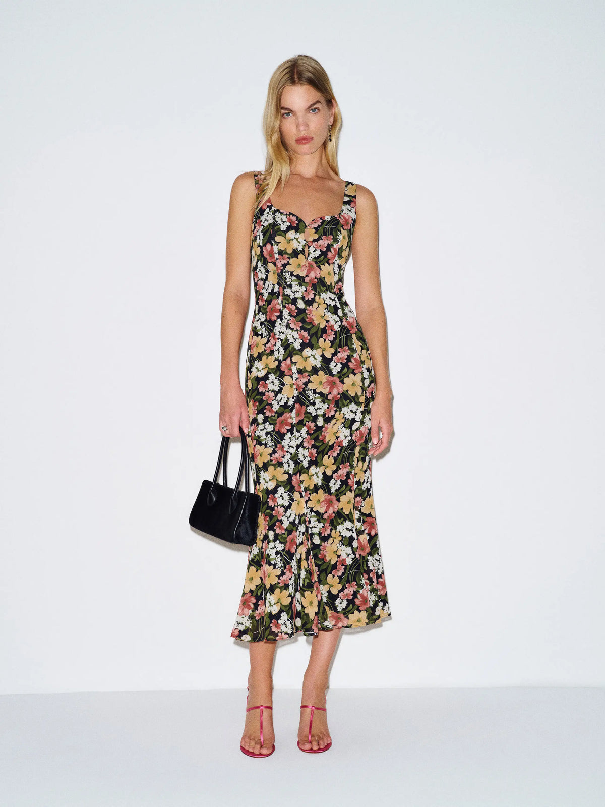 Black Floral Crepe Sheath Ankle-Length Dress with Sweetheart Neckline