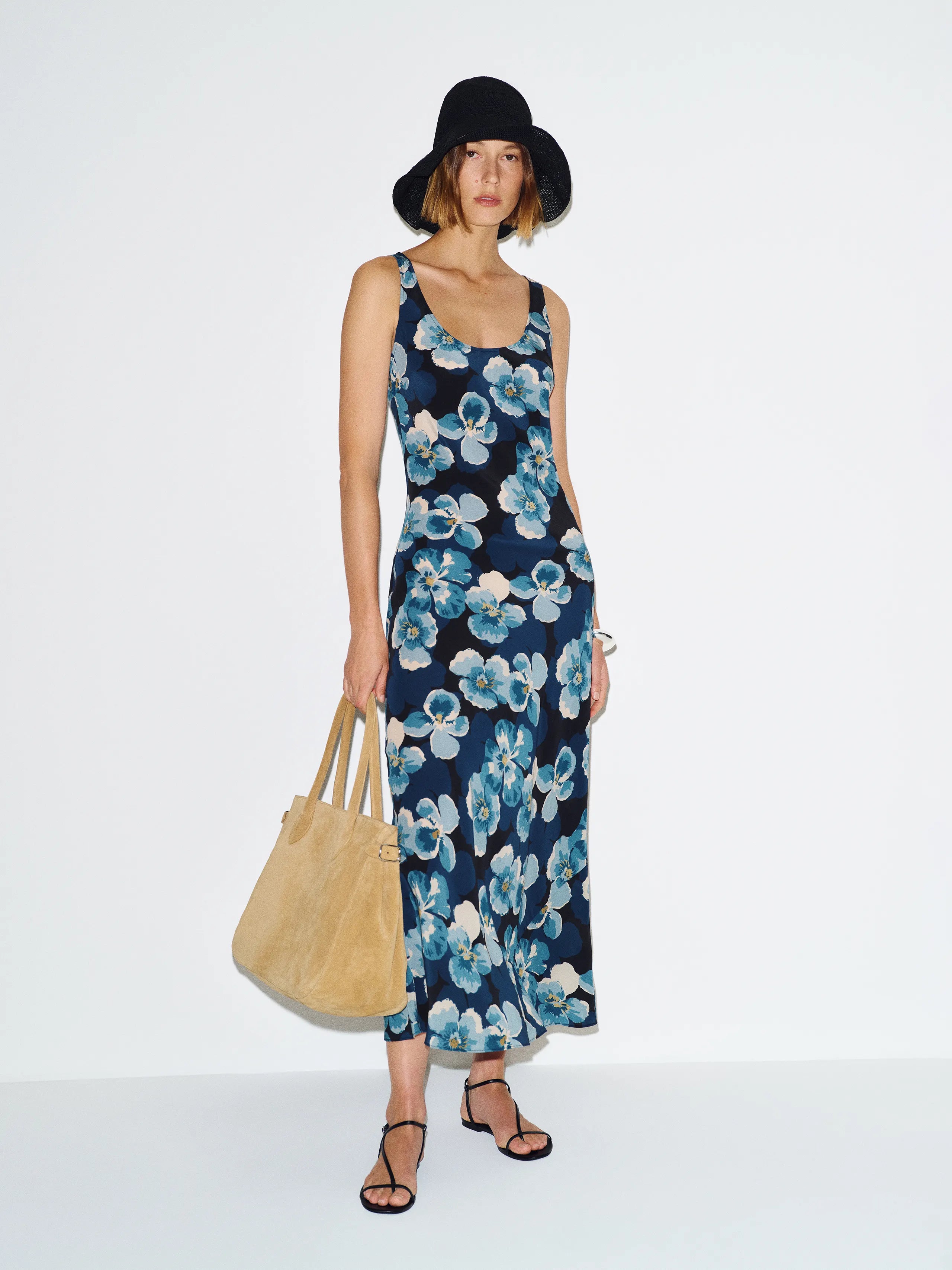 Chic Floral Satin Sheath Scoop Neck Wide Strap Back Zip Midi Prom Dresses