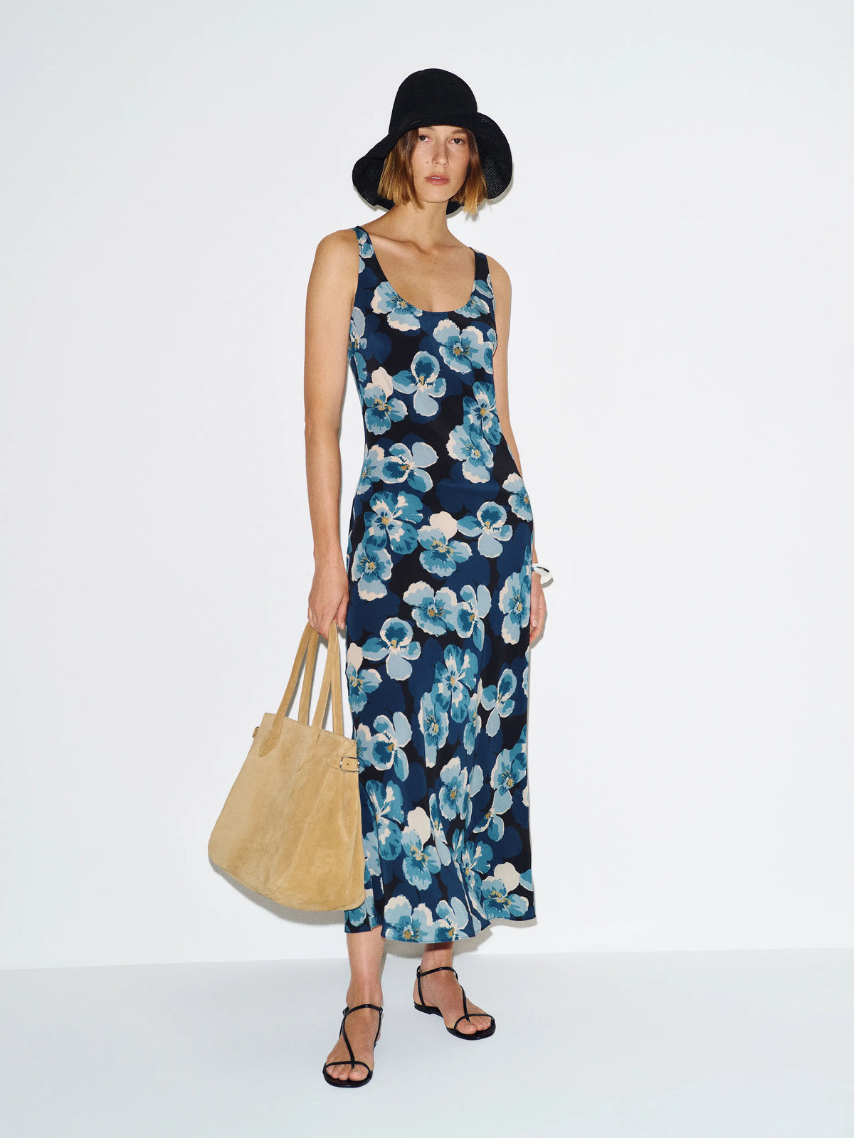 Dark Navy Floral Print Stretch Knit Sheath/Column Midi Dress
