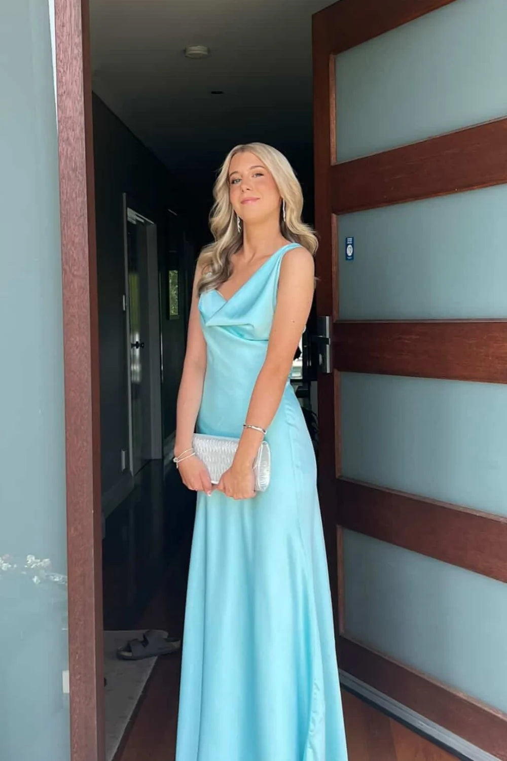 Chic Mermaid Cowl Neck One Shoulder Lace-Up Back Floor Length Satin Evening Dress