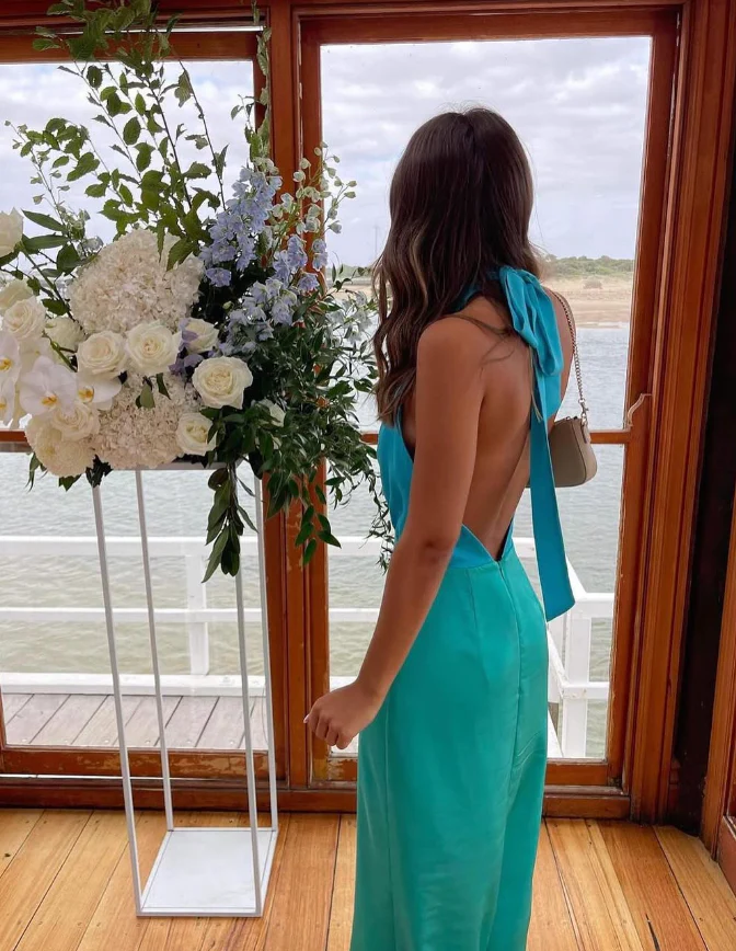 Chic Mermaid Plunging V Neck Halter Sleeveless Open Back Floor Length Evening Dress